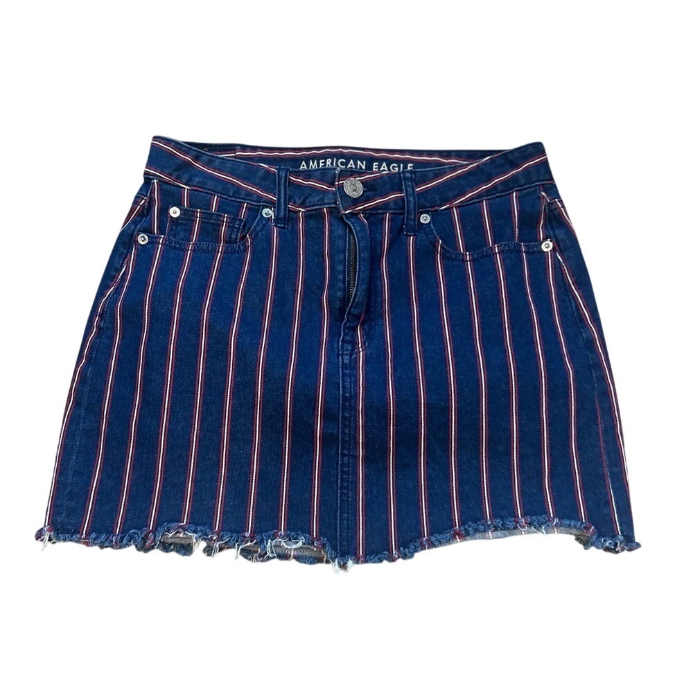 American Eagle Striped Denim Mini Skirt Dark Wash Red White Raw Hem Size 8